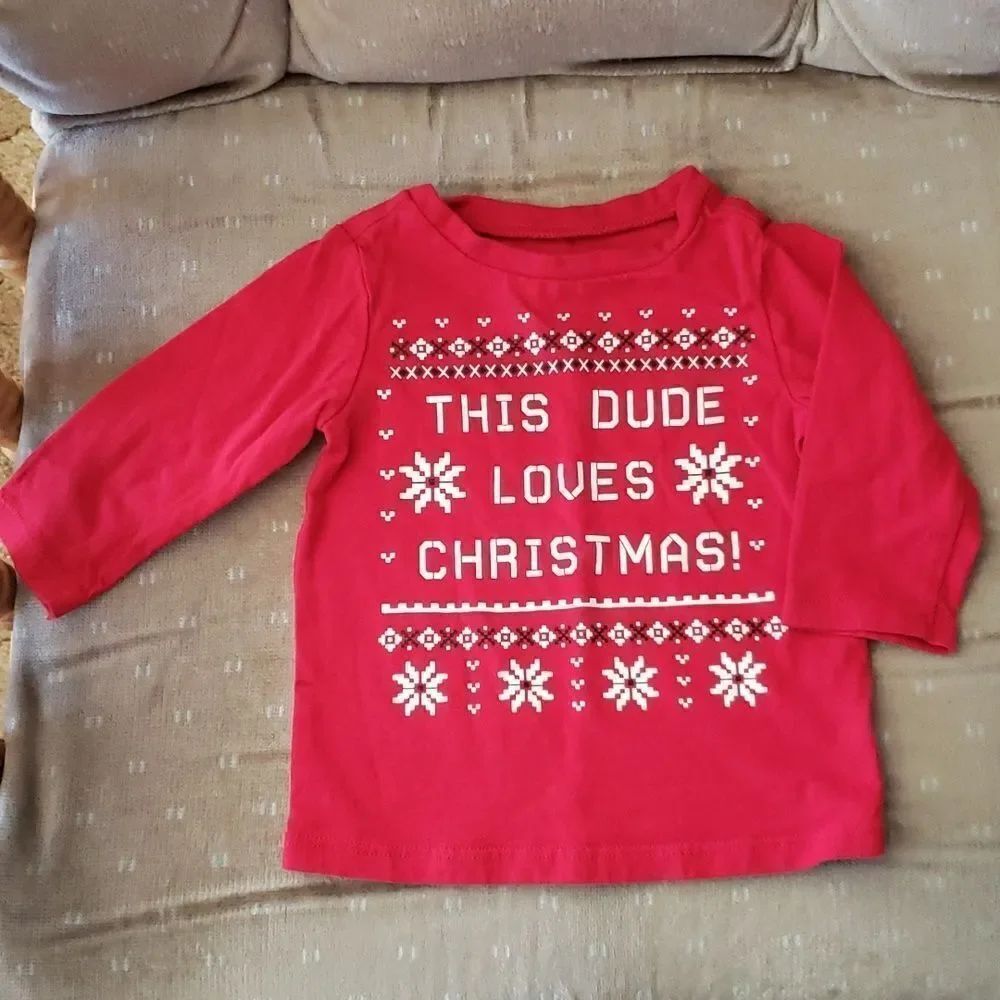 Cute "This Dude Loves Christmas" Bright Red Baby T-Shirt Sz 3-6 Mos